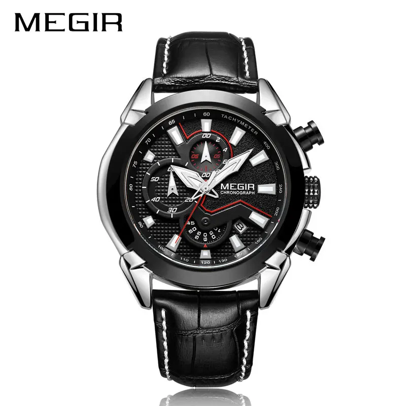 silver black MEGIR Топ бренд Роскошные мужские часы Militray Спортивные кварцевые мужские часы кожа водонепроницаемые мужские наручные часы Подарочная коробка - Цвет: silver black