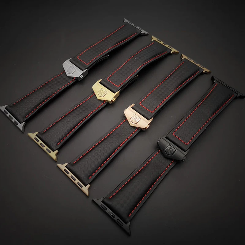 Ремешок AKGLEADER из углеродного волокна и натуральной кожи для часов Apple Watch Series 4 5 40 мм 44 мм серия 3 2 браслет на запястье 38 мм 42 мм