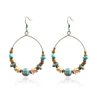 bohemian turquoise hoop dangle earrings geometric ciecle round beaded drop earrings for women girls wood stone beads earrings