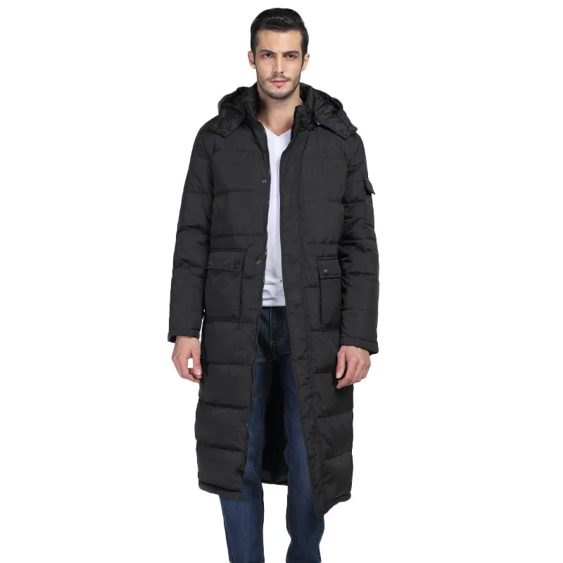 Мужская длинная куртка с капюшоном черная Повседневная Свободная на хлопковом