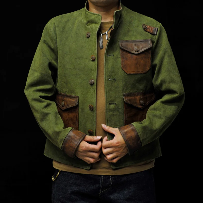 

2021 Green Japan Style Canvas Splicing Leather Jacket Men Single Breasted Plus Size 5XL Genuine Horsehide Slim Fit Autumn Coat