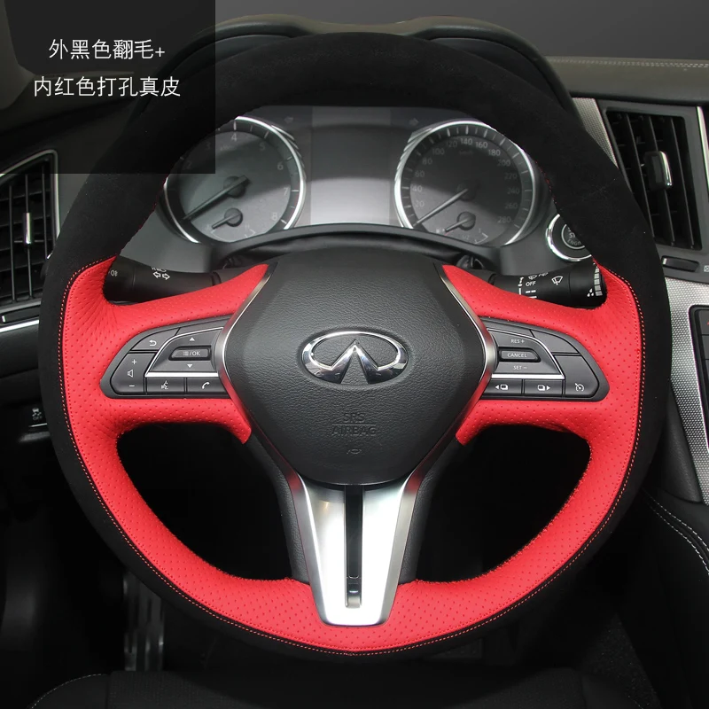 

For Infiniti QX50 QX30 Q60 Q50L Q70Q30 DIY Hand-Stitched Leather Suede Carbon Fibre Car Steering Wheel Cover Car Accessories