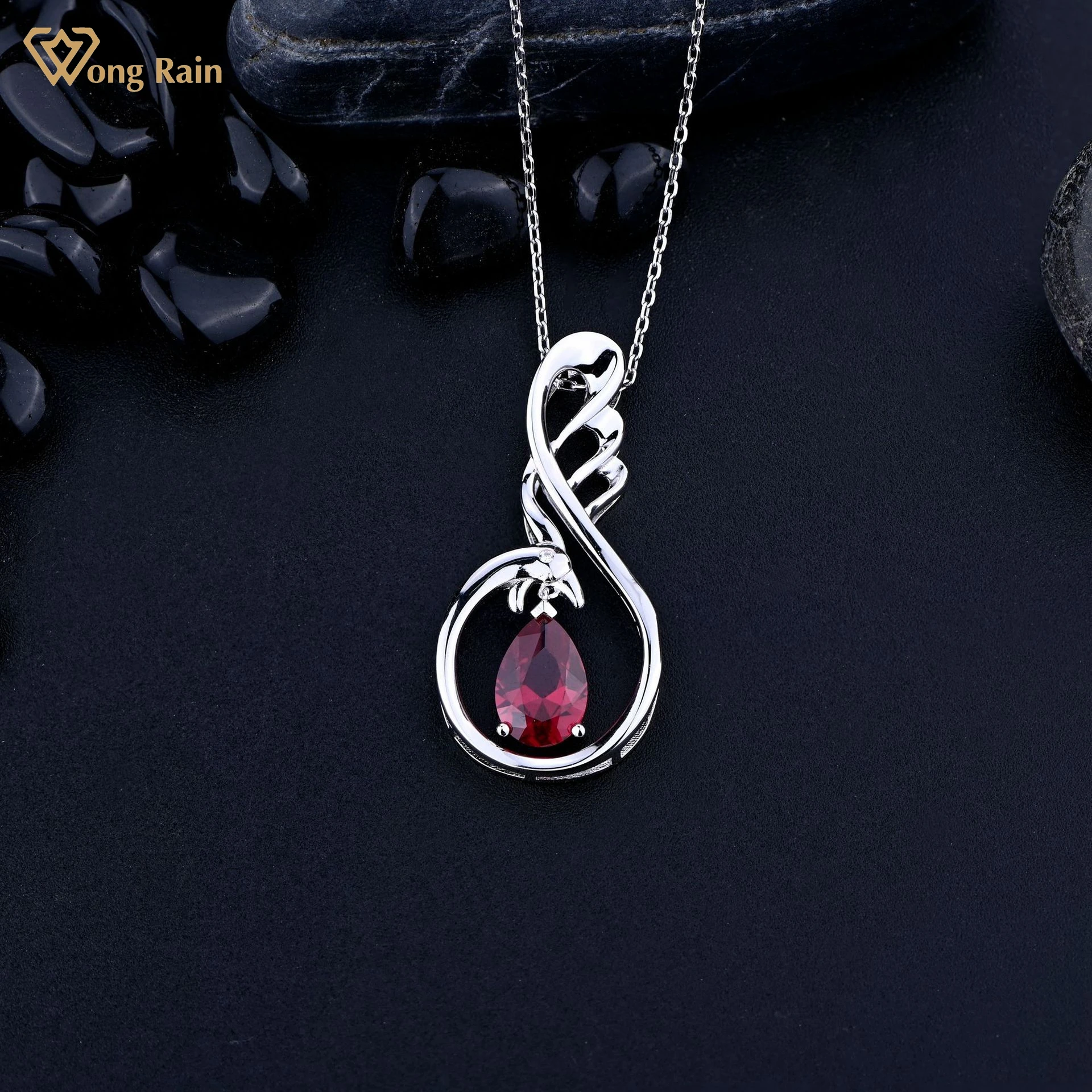 

Wong Rain, винтажная Серебряная Груша 925 пробы, рубин, драгоценный камень, Свадебная вечеринка, белое золото, пара, кулон, ожерелье, хорошее ювели...