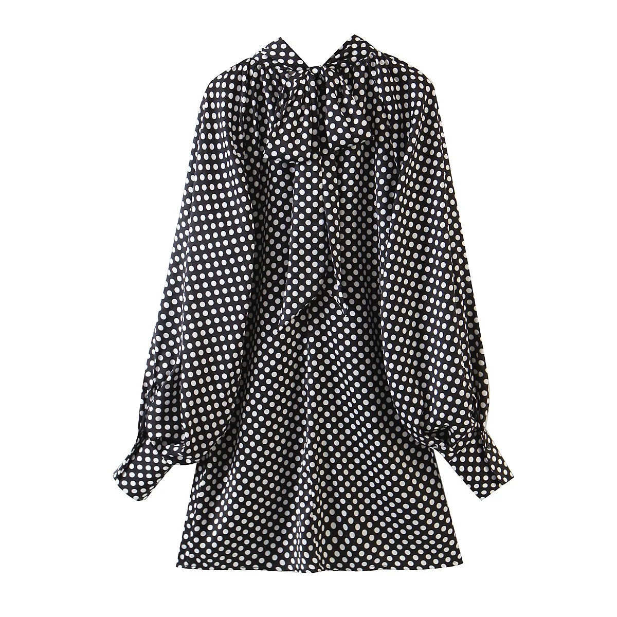 

Autumn Lace Up Bow Lantern Sleeve Office Polka Dot Vintage Dress Casua Loose A-Line Dress Women