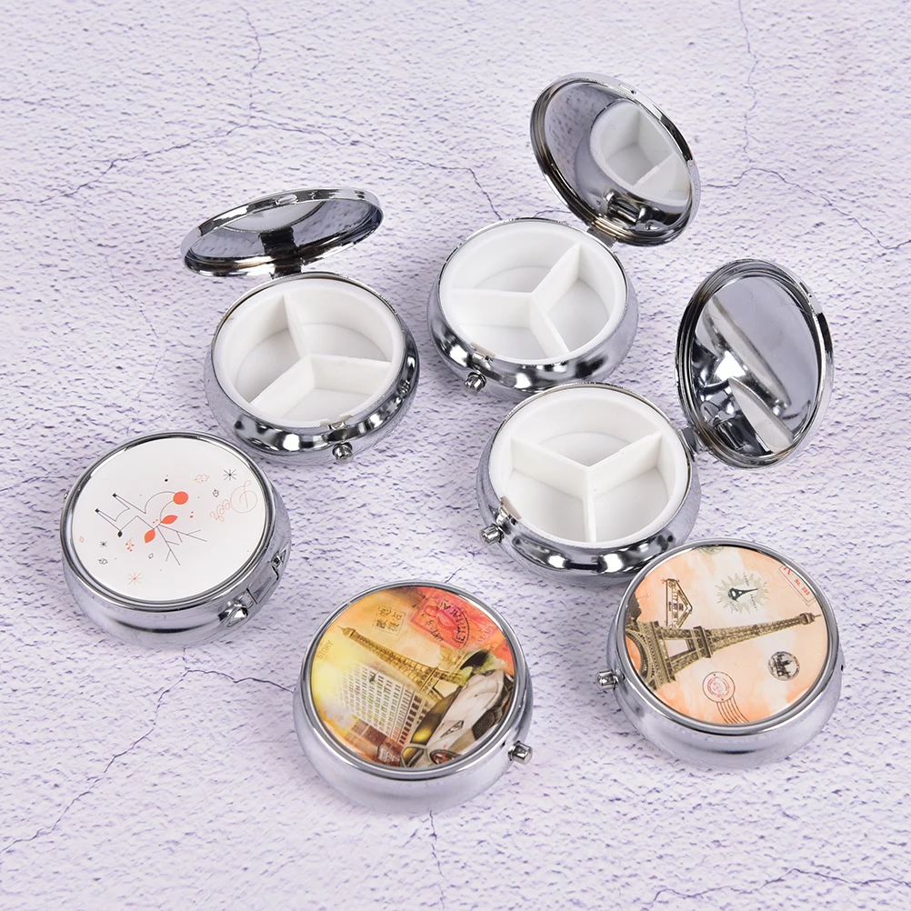 

Metal Round Flower Print Organizer Compartment Pill Case Divid Storage Tablet Container Medicine Box Portable