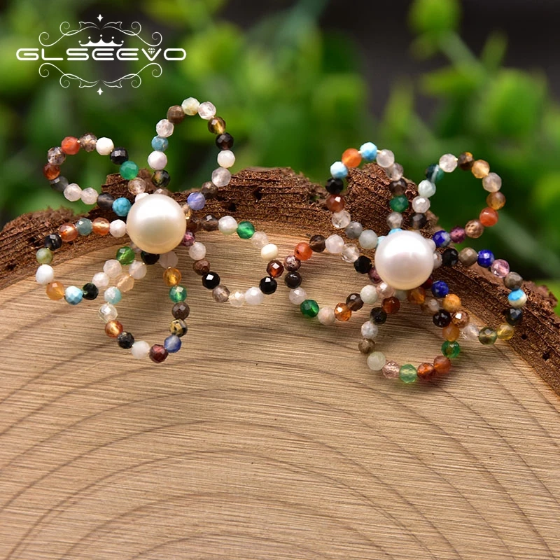 

GLSEEVO Korean Style Cute Flower Stud Earrings Women's Girls Sweet Handmade Natural Pearl Earrings Party Jewelry Gifts GE1027