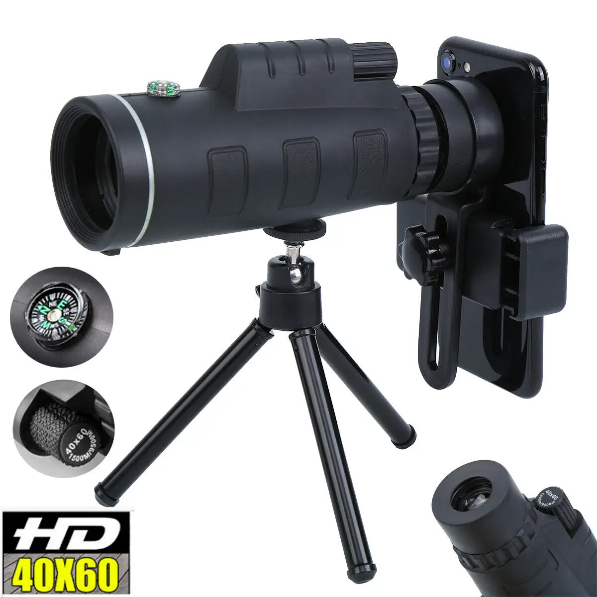 

40x60 HD Monocular Starscope Phone Camera Zoom Lens With Smartphone Holder Clip Telescope Tripod Star Scope For Camping Hunting