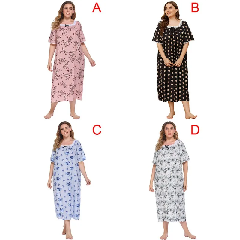 

New Printed Night Dress Women Plus Size Short-sleeve Home Nightdress For Women Long Dress Nightgowns