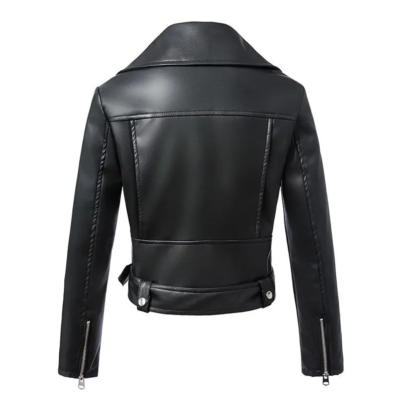 Autumn Women Faux Leather Jacket Biker Red Black Coat Turn Down Collar PU Motorcycle Jackets Slim Streetwear Outerwear with Belt
