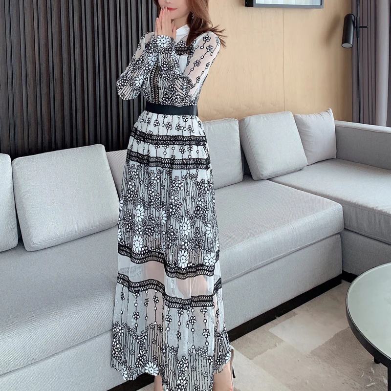 Self-Portrait Style Long Sleeve Daisy Flower Embroidery Mesh Maxi Dress 2019 Autumn Women Turn Down Collar Sequins |