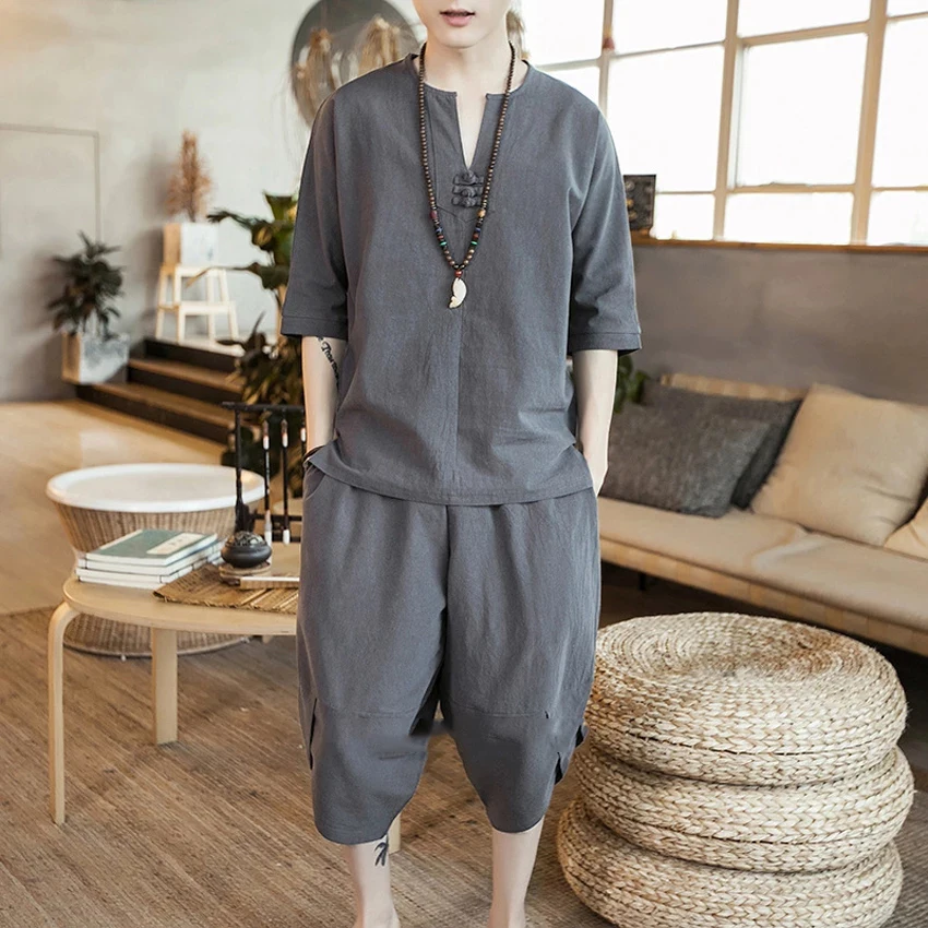 

Chinese Style Fashion Linen Tang Suit Clothes Men Traditional Clothing Kung Fu Taichi Costume Casual Streetwear Pants Shirt Set