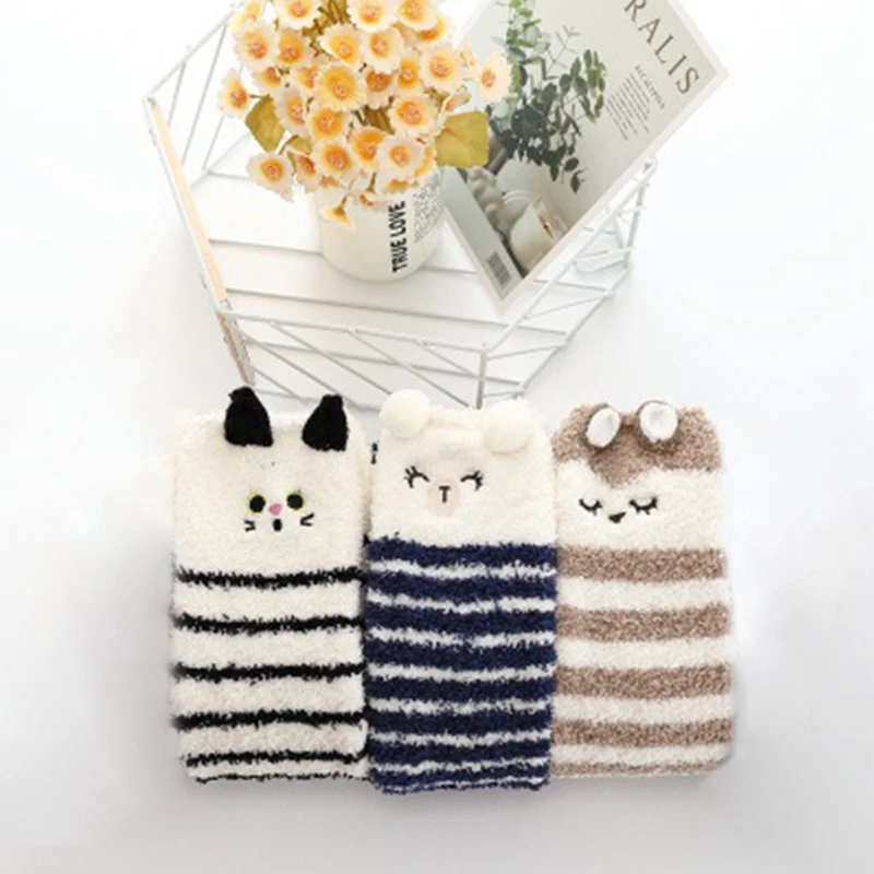 

Winter Stockings Warm Long Cartoon Harajuku Over Knee Coral Fleece Striped Long Socks Fluffy Stocking Streetwear Fashion Design