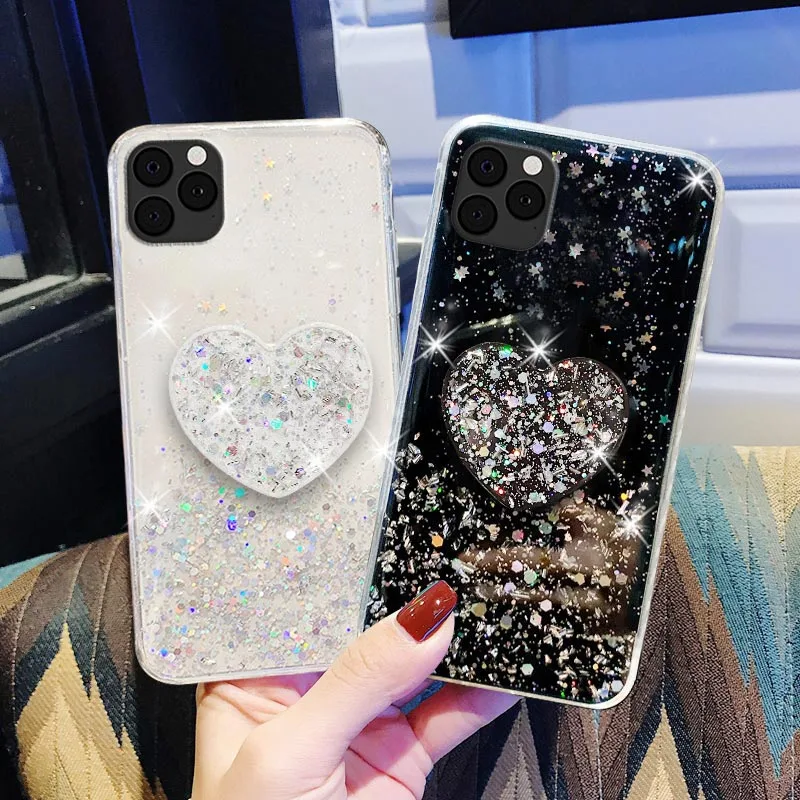 

For iPhone 13 Pro Max Case Bling Glitter Heart Stand Funda For iPhone 11 12 Pro XR XS Max X 7 8 6 6S Plus SE 2020 Covers Coque