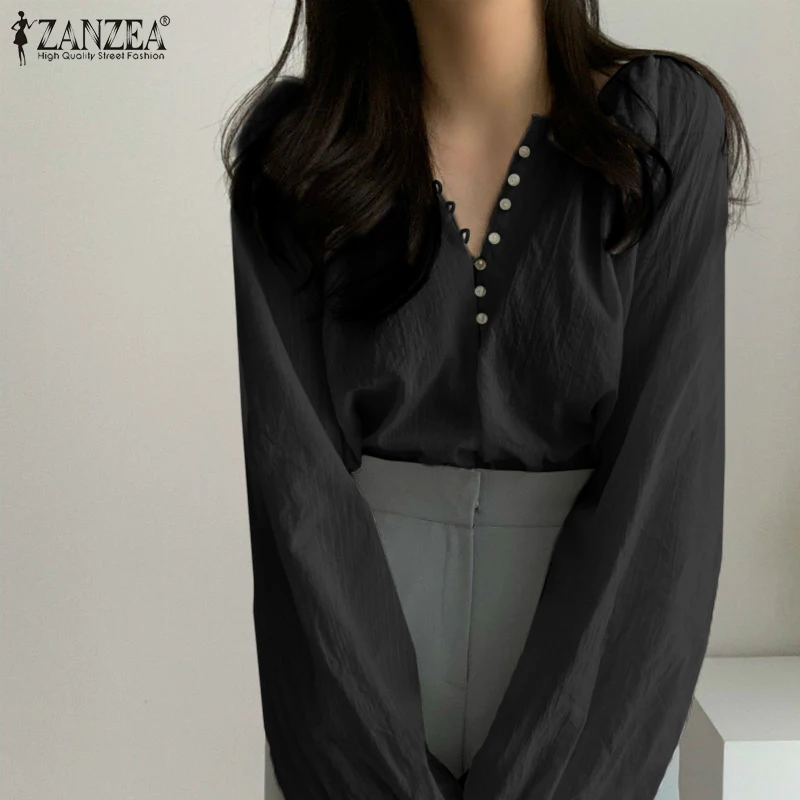 

Блузка ZANZEA Женская с длинным рукавом, однотонная Модная рубашка с V-образным вырезом, на пуговицах, офисная блуза в винтажном стиле, в стиле о...