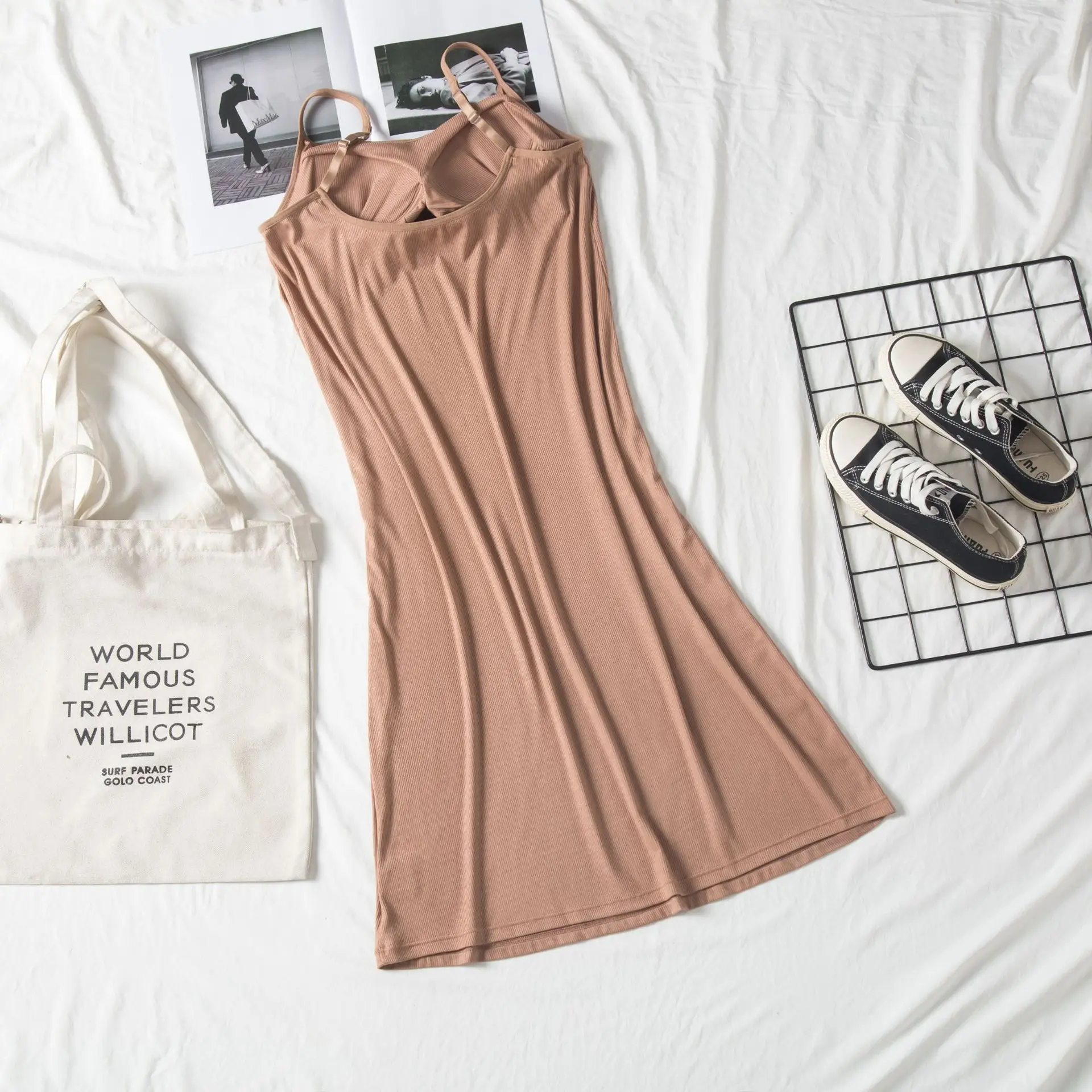 2021 Spring and Summer New Nightdress with Breast Pad Modal Thread Knee Strap Skirt Can Be Worn Loose Large Size Home Nightdress