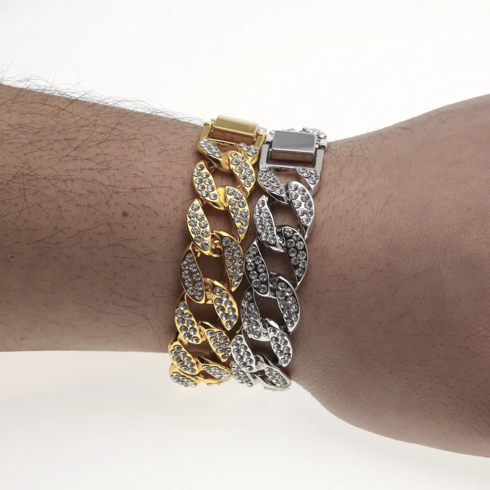 Iced Out 15 мм для женщин Bling полный горный хрусталь США кубинская звено цепи хип хоп браслет золотые серебряные браслеты ювелирные изделия для мужчин