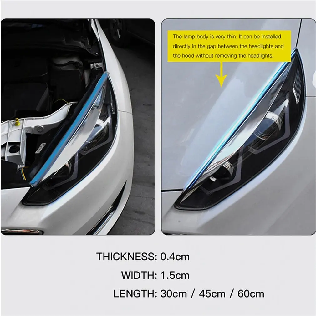 

2pcs LED DRL Car Daytime Running Light Waterproof Flexible Strip Car Headlights White Turn Signal Yellow Brake Flow Lights 12V