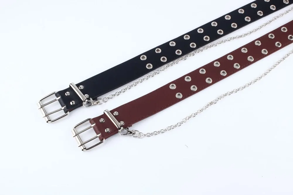 PKWYKLRE shipping женский панк цепь модный пояс регулируемый черный двойной/одинарный люверс втулка кожаный ремень пряжка