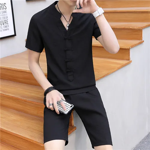 Summer Clothes Men 2 Pieces Sets VogueShorts And Short-sleeved Buckle T Shirt Men Breathable Slim Fit V Neck Linen Suits - Цвет: black