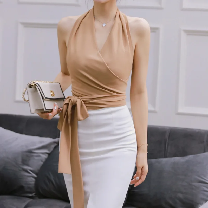 Топ с бретелькой через шею цвета хаки открытой спиной Короткие топы для женщин