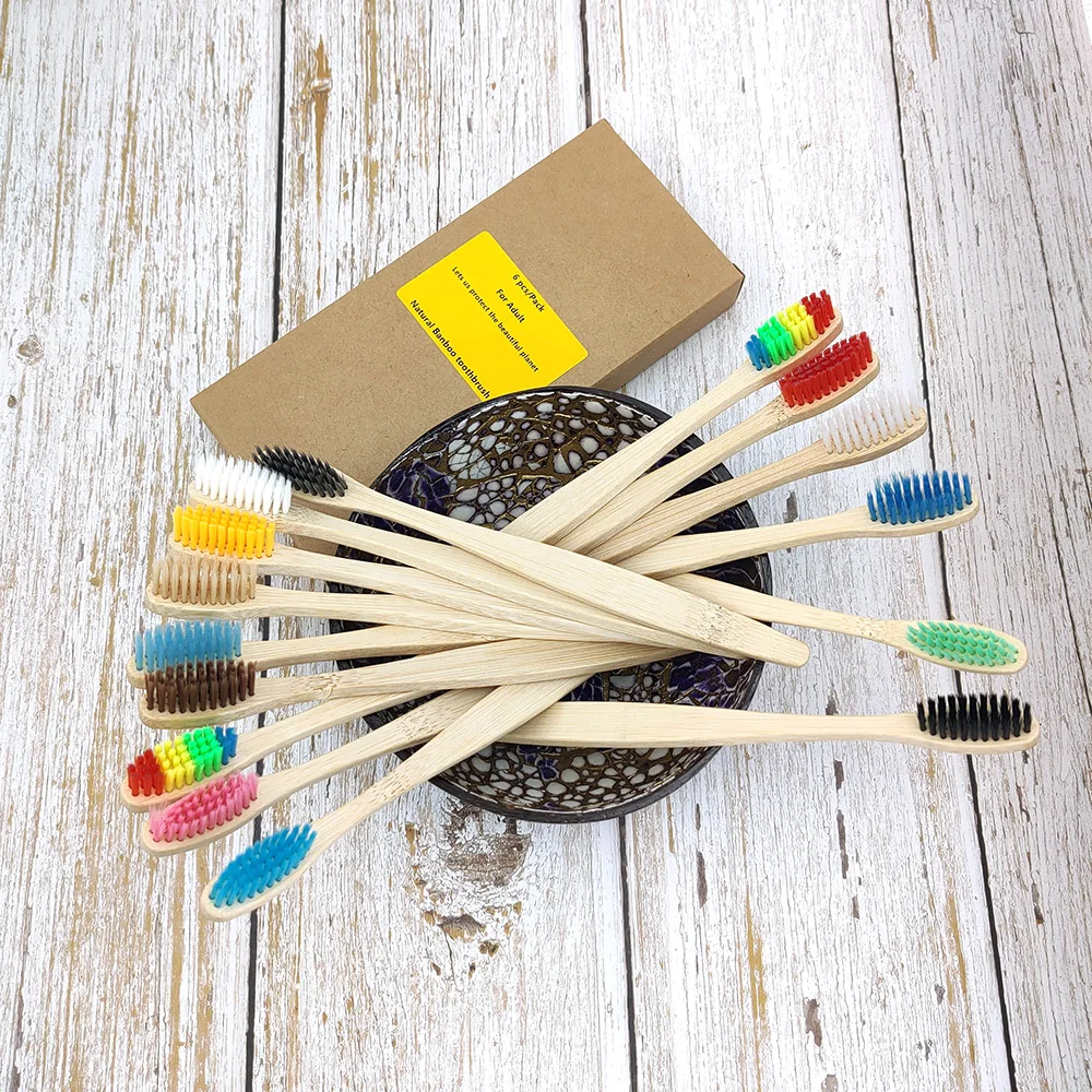 

6pcs/Pack Eco Friendly mixed color Bamboo Toothbrush Minimalist design 100% biodegradable bamboo ,antibacterial effects handle