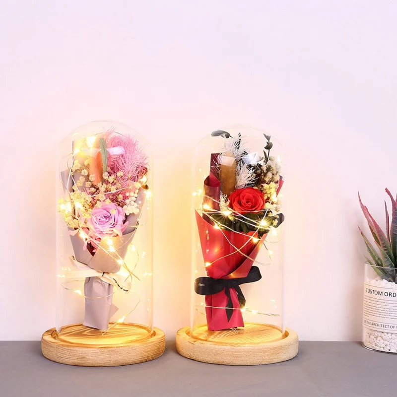 

Rose Bouquet Glass Cover Valentine's Day Gift New With LED Night Light Couple Gift-Red (without Battery) New creative gift