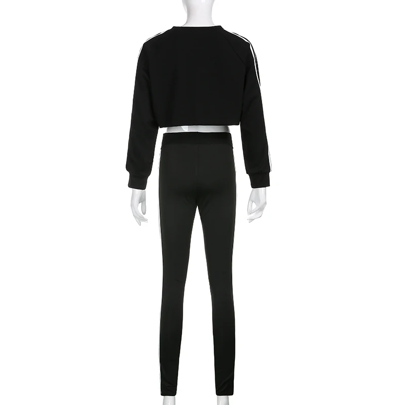 

Waatfaak Striped Patchwork Two Piece Set Women Outfit Embroidery Black Crop T-shirt Long Sleeve Joggers Sweatpants Set Autumn