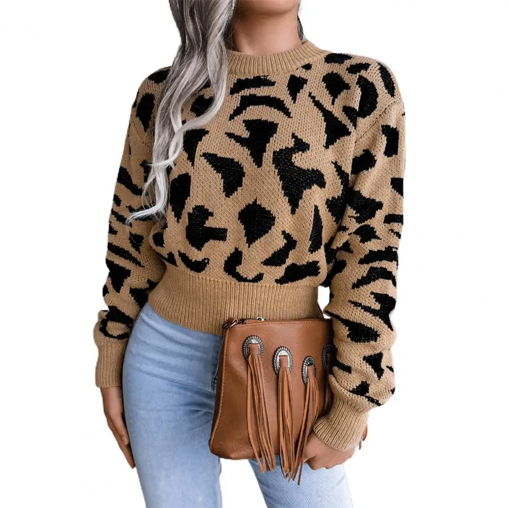 

Женский трикотажный свитер с леопардовым принтом, осенне-зимние плотные пуловеры с длинным рукавом и животным принтом, повседневные топы д...