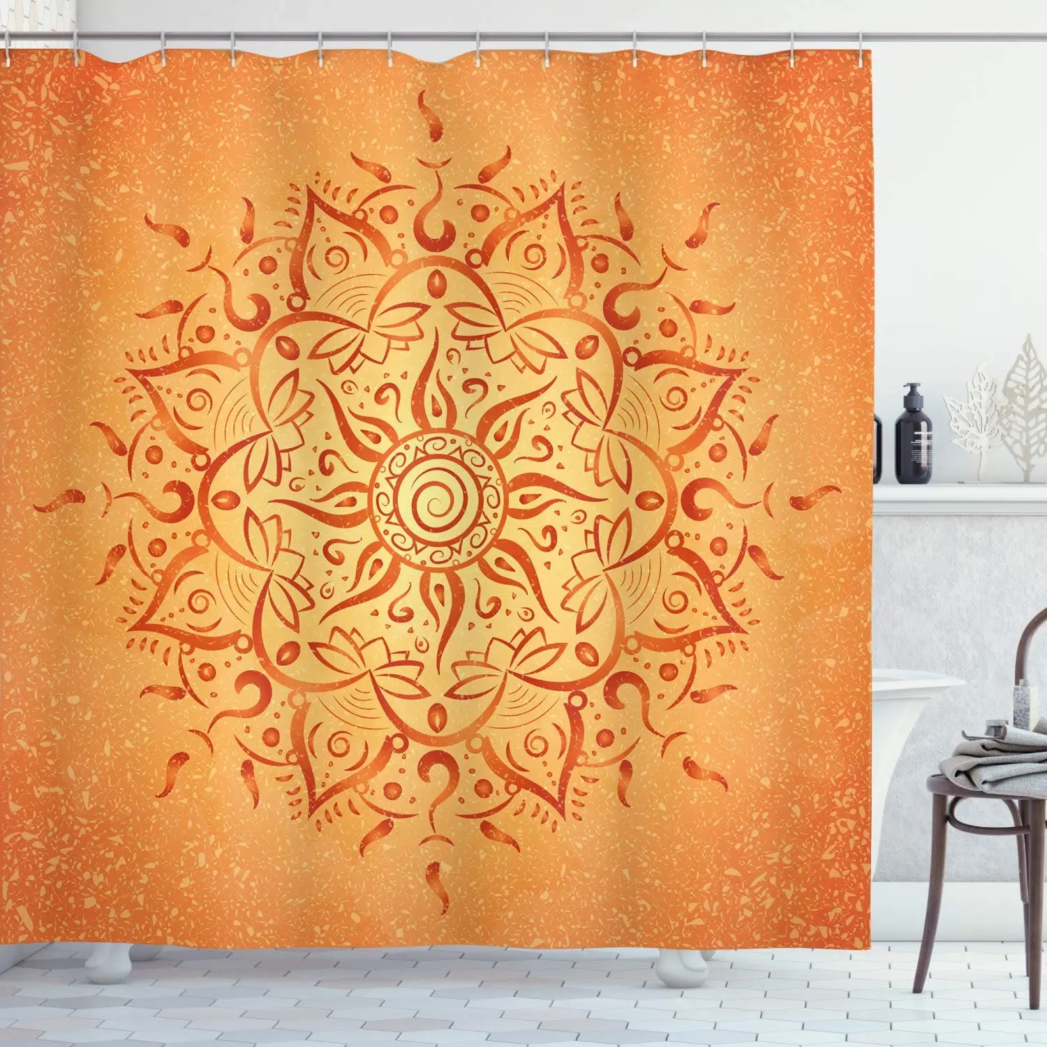 

Lotus Shower Curtains Boho Sun Pattern Ombre Effect Mandala Floral Printed Cloth Fabric Bathroom Decor Curtain with Hooks Orange