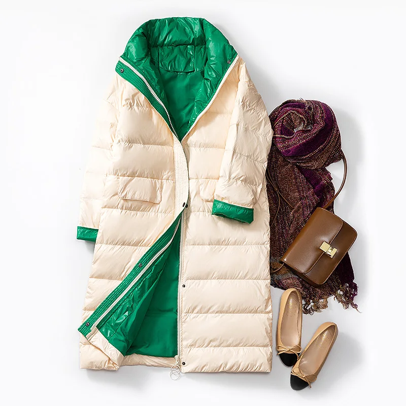 Женское зимнее длинное пальто новое ультра легкое белое пуховое женский стоячий