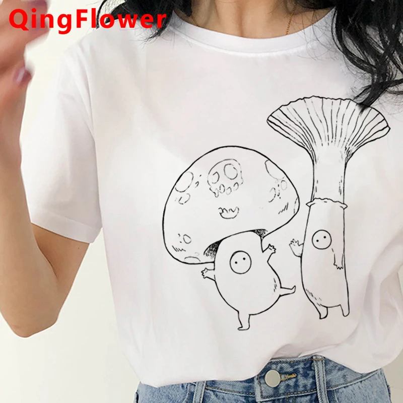 Милая футболка с изображением гриба Женская белая Повседневная плинтованная Т