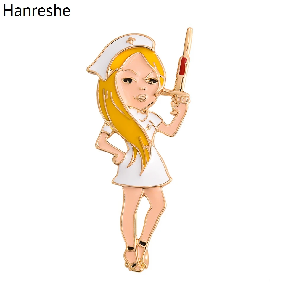 

Hanreshe Fashion Medical Enamel Brooch Pin Golden Hair Nurse Syringe Personality Lapel Backpack Badge Button Jewelry Accessories