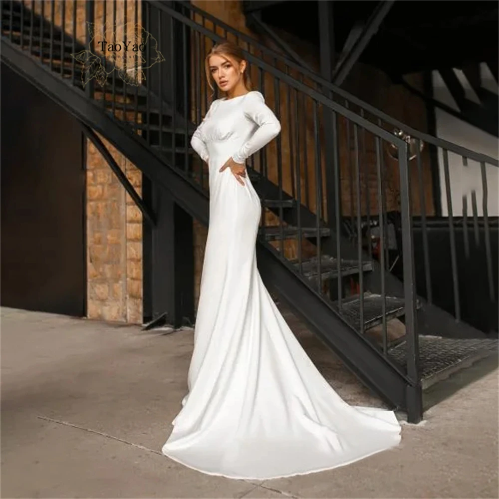 

Open Back Mermaid Wedding Dresses for Women with O-neck Long Sleeves Simple Satin Bridal Gown Vestidos De Novia Ladies Dress