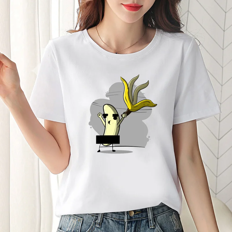 Модные женские футболки с забавным рисунком бананов футболка Манга круглым