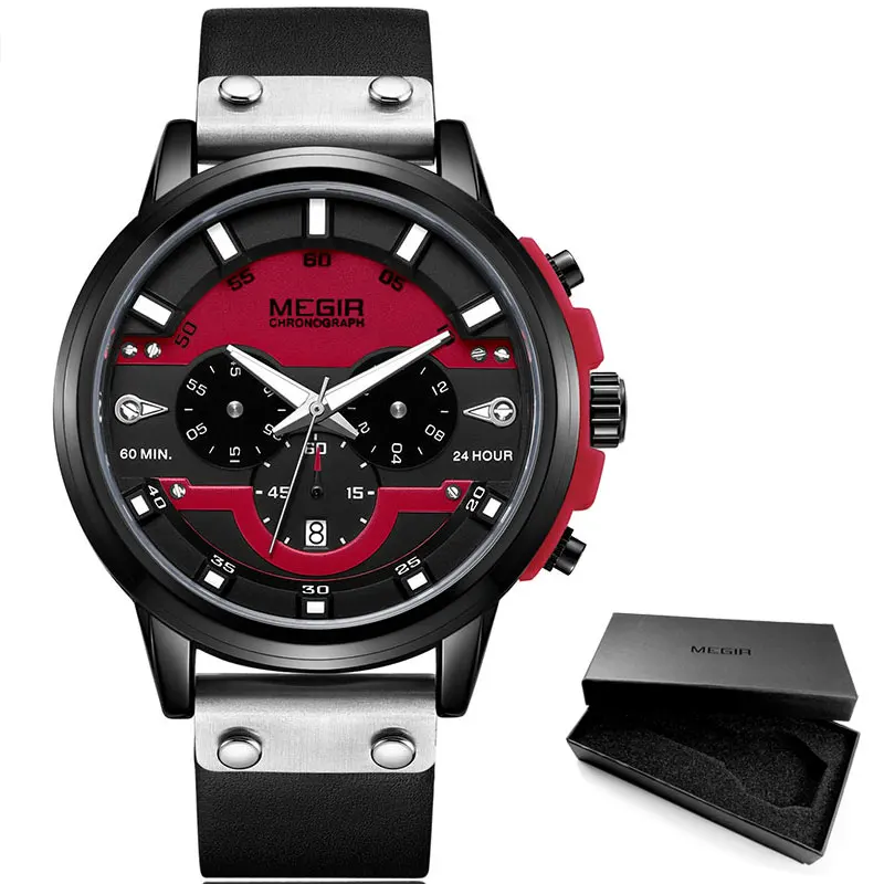 ML2080G-Red MEGIR Новые мужские кварцевые часы с хронографом Relogios Masculino с кожаным ремешком военные спортивные наручные часы 2080 синий - Цвет: ML2080G-Red