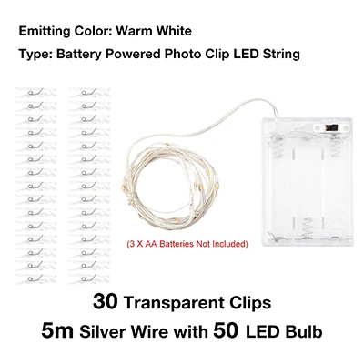 warm white 5m 50led 1,5 м 3 м 6 м держатель фото светодиодный строка светильники с питанием от аккумулятора Рождество Год Вечерние Свадебные украшения гирляндой - Испускаемый цвет: warm white 5m 50led