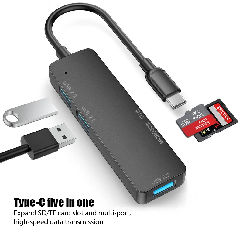 

USB-концентратор 5 в 1 с Type C на USB 3,0, кардридер TF, SD-карт, разветвитель, адаптер для MacBook Pro, iPad Pro, xiaomi, samsung, honor, USB-концентратор