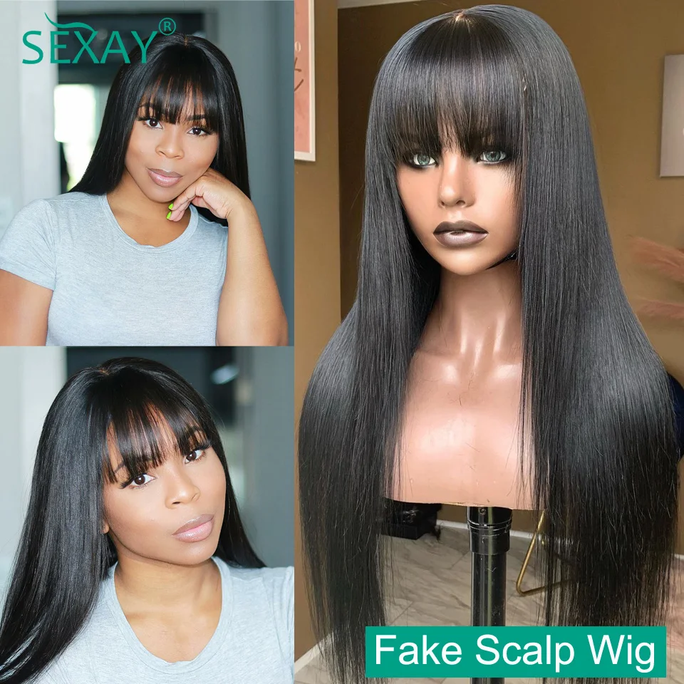 

Sexay Scalp Bang Human Hair Wig Raw Indian Straight Human Hair Fringe Wigs Fake Scalp 10-24Inch 200 Density Human Wigs For Women