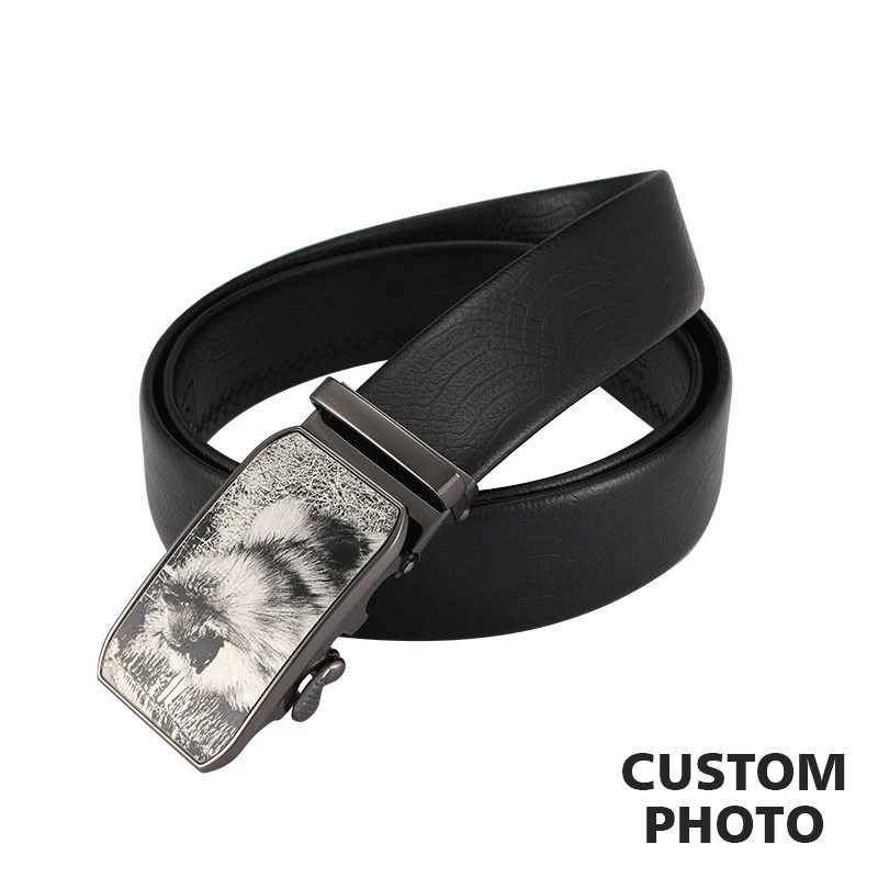 Custom Dog Pets Black Photo Automatic Buckle CowSkin Genuine Men Belts Casual 110cm Luxury Belts for Men Ceinture Best Gifts