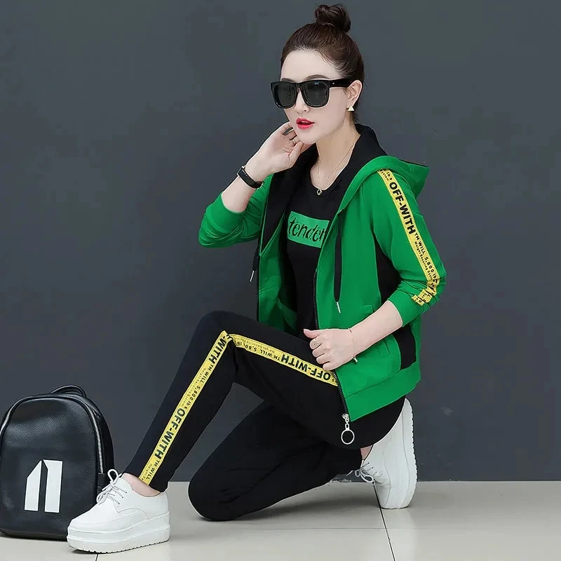 

Spring Autumn Print Tracksuit Women Fashion Loose Jogging Casual Zipper Hooded Sweatshirt + T- Shirt + Sweatpants 3 Piece Set