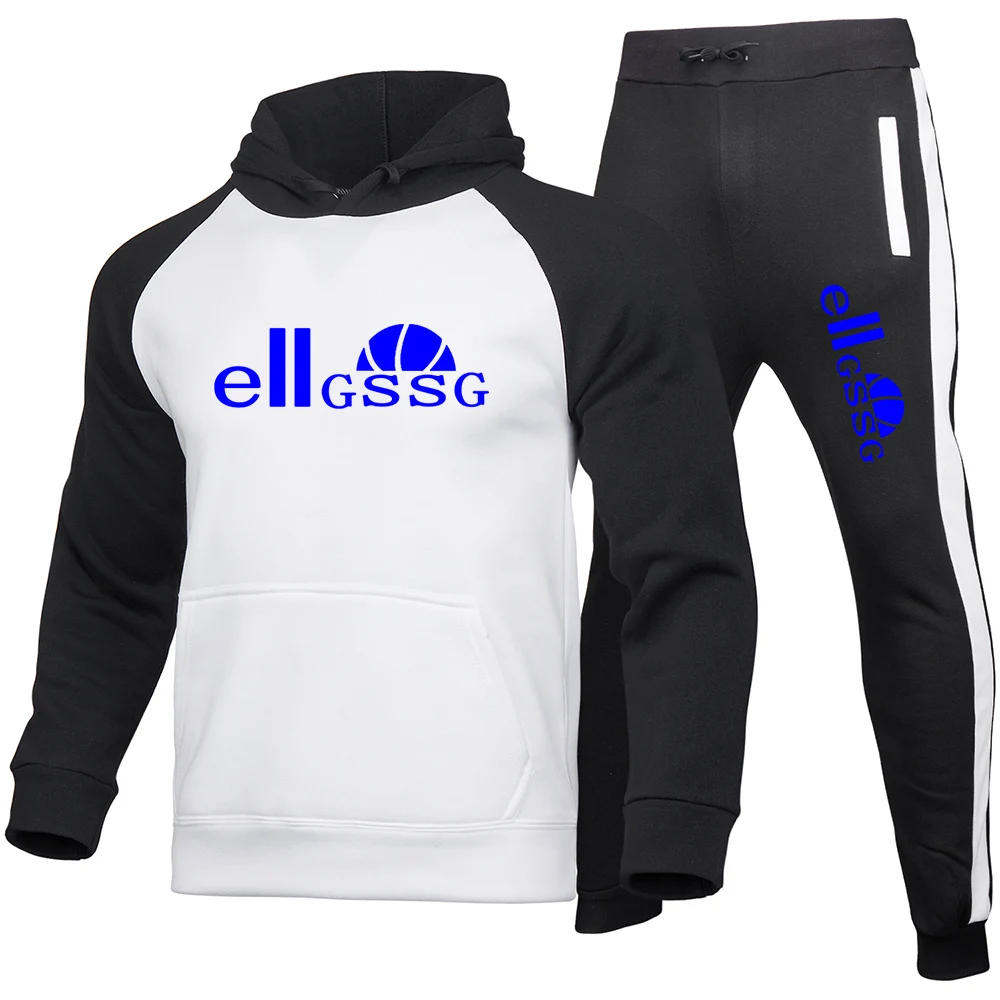 

Casual sports stitching clothing men's football basketball running suburban sportswear hooded sweater + contrast trousers suit