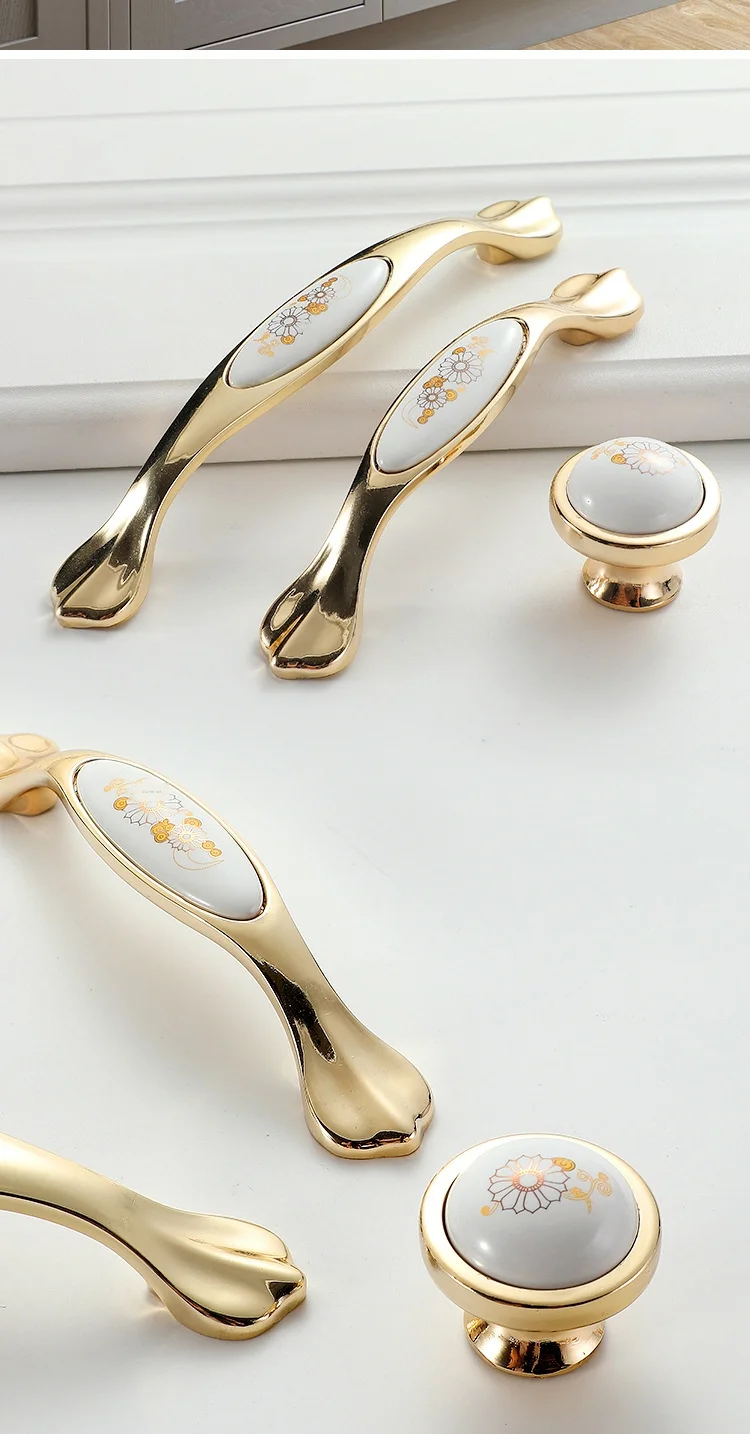 JD European Cabinet Wardrobe Door Single Hole Handle Gold Ceramic Handle Modern American Flower Pattern Drawer Furniture Handle