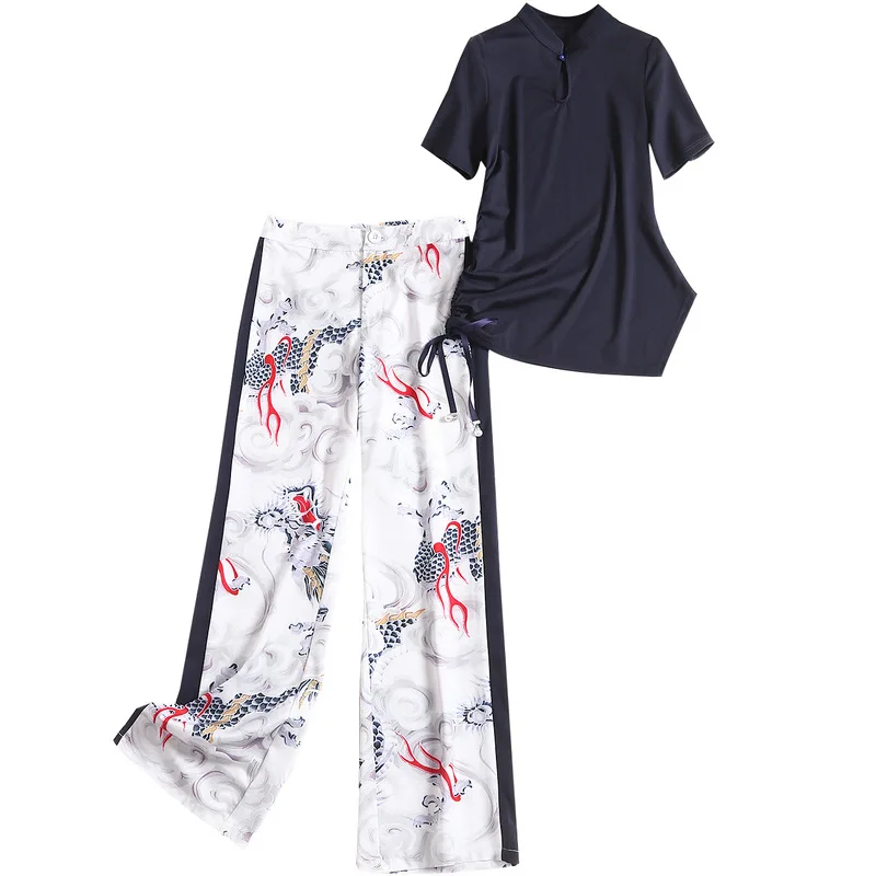 

2020 Spring Summer 2 Piece Sets Women Outfits Plus Size Irregular T-Shirt Tops And Wide Leg Pants Elegant Suits Vintage Print