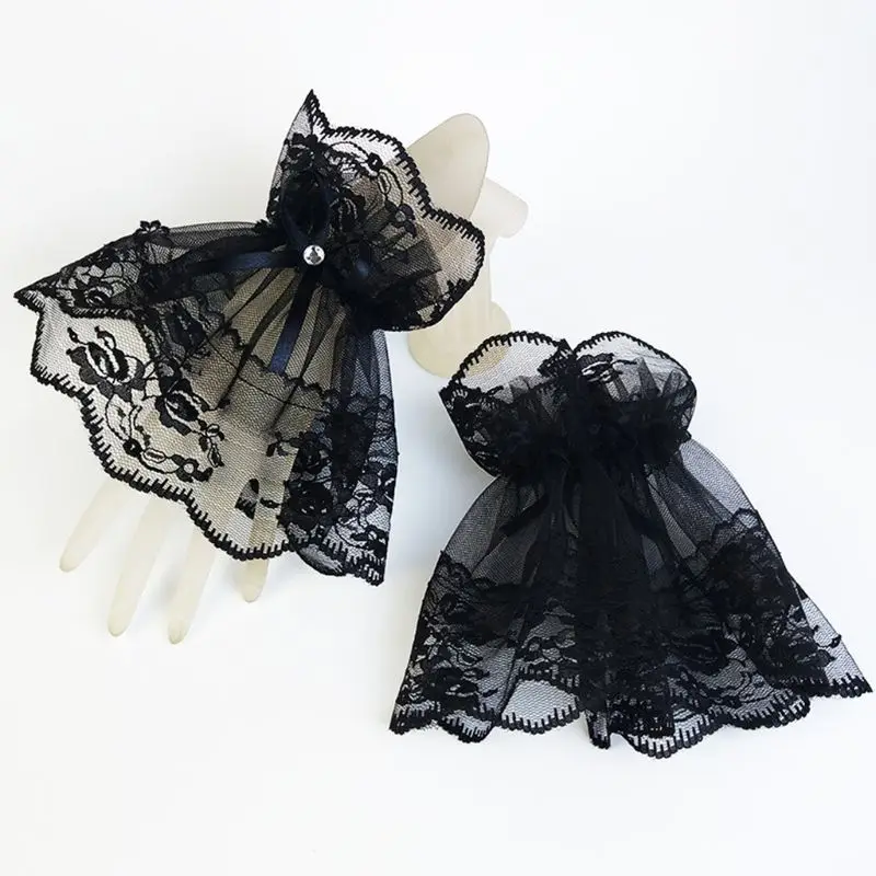 Women Black Lace Wrist Cuffs Bracelets Wedding Rhinestone Bow Fingerless Gloves Black Lace Wrist Cuff Bracelet