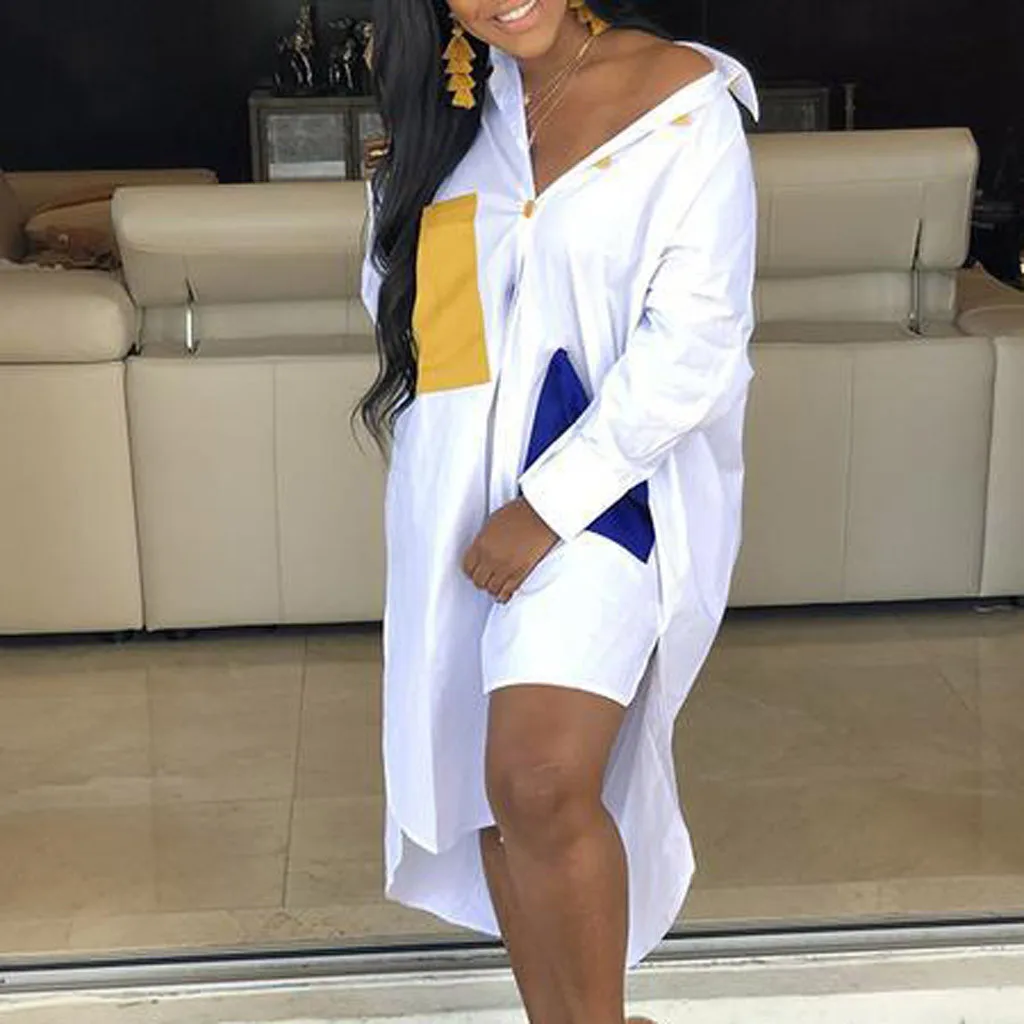 Женское длинное платье-рубашка размера плюс белое лоскутное платье с отложным