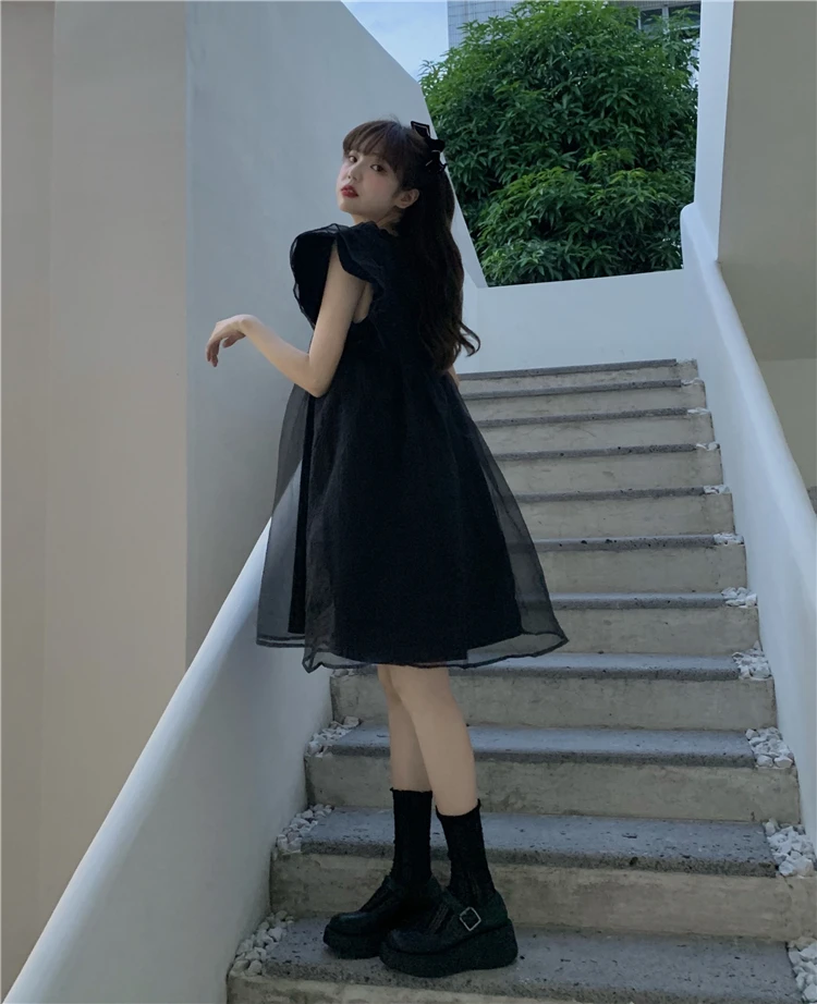 

New Summer Dress Girls Party Mesh Female Vintage Dresses solid Short Sleeve Women black Dresses Robe Vestido