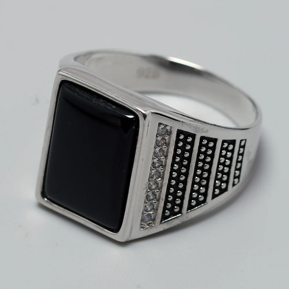 Guaranteed Silver s925 Vintage Mens Rings Natural Black Stone Turkey Ring For Gentlemen Micro Zircon Paved Turkish Jewelry