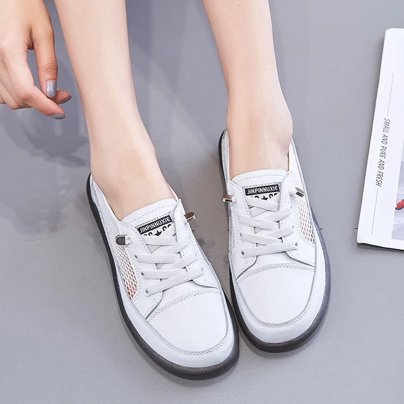 

Fashion Women Board Shoes Lace Up White Flats Cow Leather Soft Sole Light Antiskid Casual Sneakers Young Energetic Spring Summer