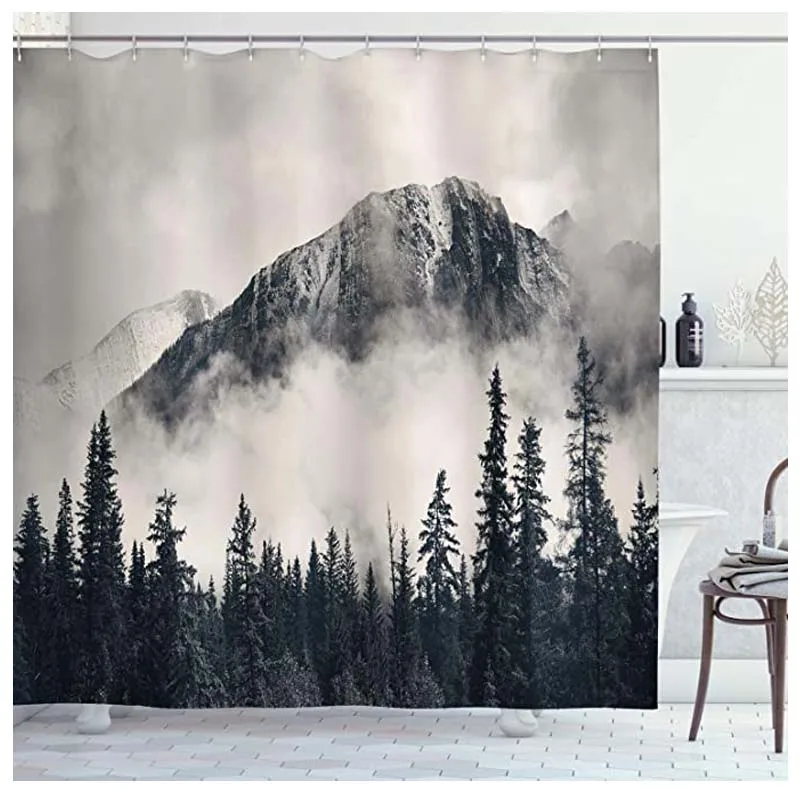 

Shower Curtain Mountain Misty Forest Tree Foggy Modern Shower Curtains for Bathroom with 12 Hooks Waterproof Nature Scenery Land