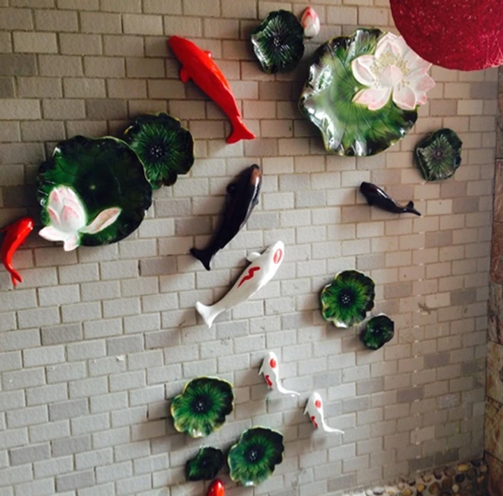 Китайский Стиль смолы 3D рыба из листьев лотоса стене висит украшения отеле